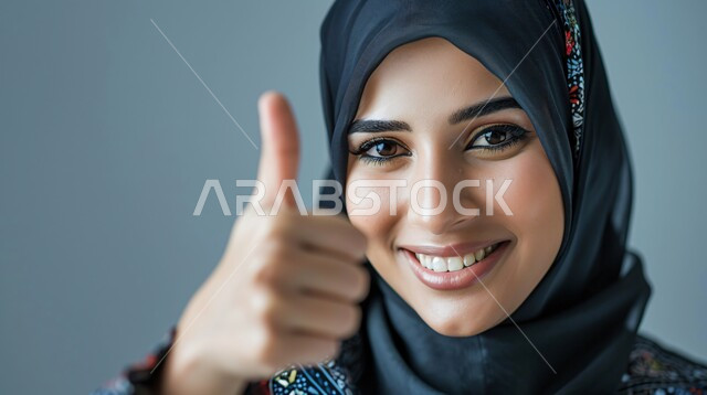 علامة الجودة و الامتياز، النظر الى الكاميرا بتعابير السرور والسعادة, مفهوم الإعجاب والرضا، بورتريه مقرب لامراة عربية خليجية سعودية مبتسمة ترتدي الحجاب ترفع اصبع الابهام للاعلى بإيماءات القبول و الموافقة، خلفية رمادية