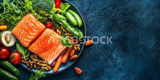 سمك السلمون النيئ مع الخضار والمكسرات والأعشاب على طبق أزرق غامق.، وجبات الطعام الشهية،  وصفات وأطباق شهية ولذيذة، فنون التقديم في مطاعم ومطابخ المملكة العربيه السعودية، مأكولات بحرية و صحية