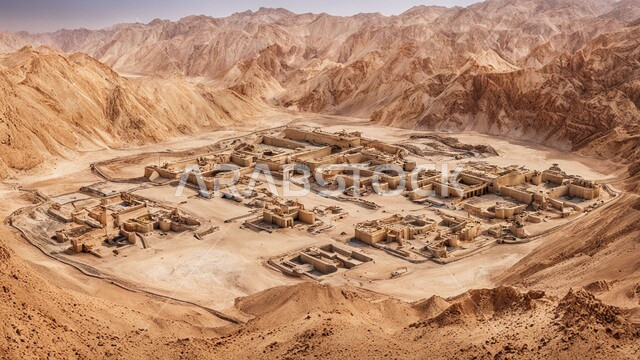 Rock formations and terrain, natural gold mines, areas for prospecting for raw underground resources, highlands and mountain peaks in the Kingdom of Saudi Arabia, drilling and working at the mining site, transporting soil by trucks