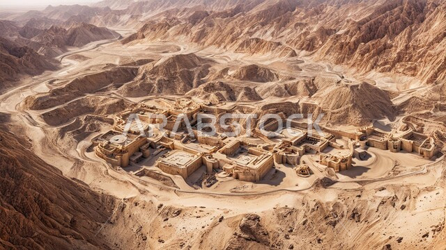 Rock formations and terrain, natural gold mines, areas for prospecting for raw underground resources, highlands and mountain peaks in the Kingdom of Saudi Arabia, drilling and working at the mining site, transporting soil by trucks