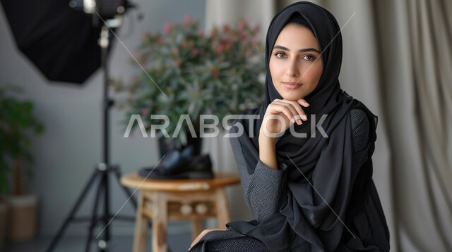 تجهيز المعدات المتطورة لالتقاط صور فوتوغرافية، تصوير اعلاني تسويقي، مفهوم خلف الكواليس، عارضة أزياء محجبات وموديلات عصرية حديثة، صورة مقربة لإمرأة عربية خليجية سعودية ترتدي الحجاب والعباءة تعمل في مجال الإعلانات، جلسة تصوير في الاستوديو