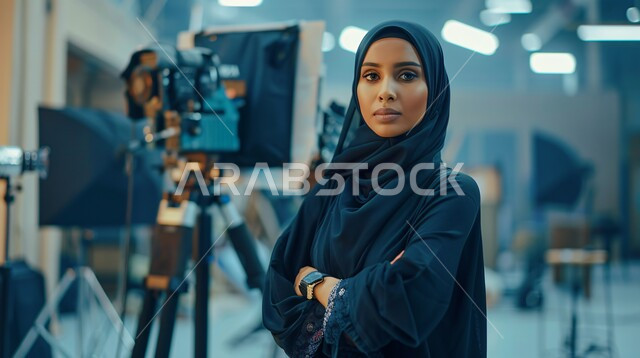 تجهيز المعدات المتطورة لالتقاط صور فوتوغرافية، تصوير اعلاني تسويقي، مفهوم خلف الكواليس، عارضة أزياء محجبات وموديلات عصرية حديثة، صورة مقربة لإمرأة عربية خليجية سعودية ترتدي الحجاب والعباءة تعمل في مجال الإعلانات، جلسة تصوير في الاستوديو