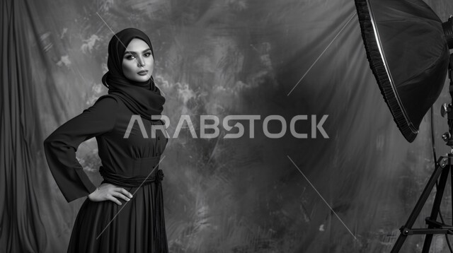 تجهيز المعدات المتطورة لالتقاط صور فوتوغرافية، تصوير اعلاني تسويقي، مفهوم خلف الكواليس، عارضة أزياء محجبات وموديلات عصرية حديثة، صورة مقربة لإمرأة عربية خليجية سعودية ترتدي الحجاب والعباءة تعمل في مجال الإعلانات، جلسة تصوير في الاستوديو