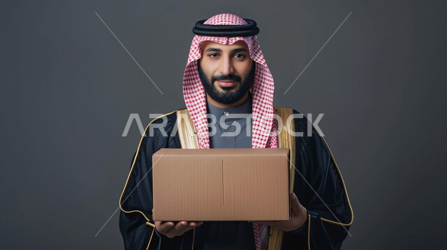 Collecting and distributing donations to the poor and needy, charitable societies and humanitarian initiatives, close-up portrait of a smiling Saudi Arabian Gulf man wearing a shemagh, bisht and traditional thobe holding a wrapped box looking at the camera, feeling for others and helping them, gray background