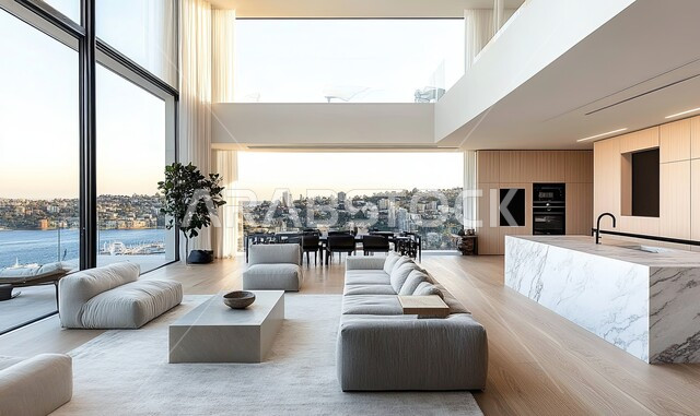 ديكورات داخلية عصرية راقية, الواجهات و النوافذ الزجاجية الكبيرة, غرفة معيشة مع أثاث منزلي فاخر, فلل و شقق سكنية في المملكة العربية السعودية, التصاميم الأنيقة لغرف الجلوس المريحة على الطراز الحديث