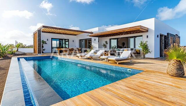 الفنون الهندسية المعمارية للشقق و الفلل السكنية ،تصاميم عصرية مميزة لحوض السباحة الأزرق ،الاهتمام في زراعه اشجار النخيل والنباتات الخضراء في حديقة مجمع سكني فاخر، خلفية الطبيعه