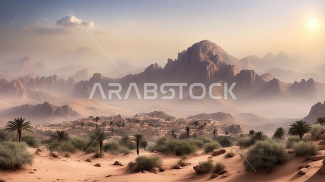 منظر الغيوم والسحب البيضاء في السماء فوق التضاريس الطبيعية والتكوينات والتشكلات الصخرية، القمم والمرتفعات الجبلية، المعالم التاريخية الأثرية القديمة في المملكة العربية السعودية