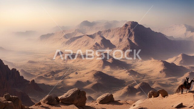 منظر الغيوم والسحب البيضاء في السماء فوق التضاريس الطبيعية والتكوينات والتشكلات الصخرية، القمم والمرتفعات الجبلية، المعالم التاريخية الأثرية القديمة في المملكة العربية السعودية