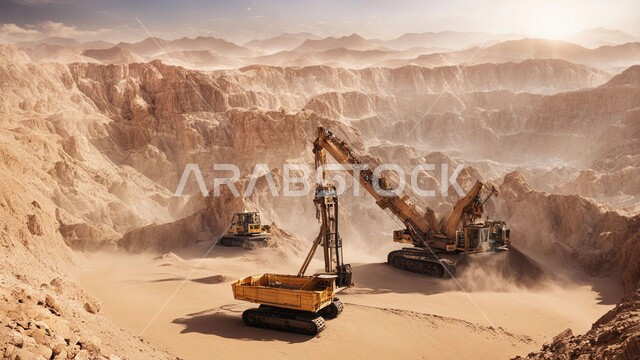 التشكيلات والتكوينات الصخرية، عدد من السيارات والآليات الثقيلة تقوم بالحفر والعمل في موقع التعدين، نقل الأتربة بواسطة الشاحنات، مناطق التنقيب عن الثروات الباطنية الخام، أماكن مناجم الفحم الطبيعي، المرتفعات والسلاسل الجبلية في المملكة العربية السعودية 