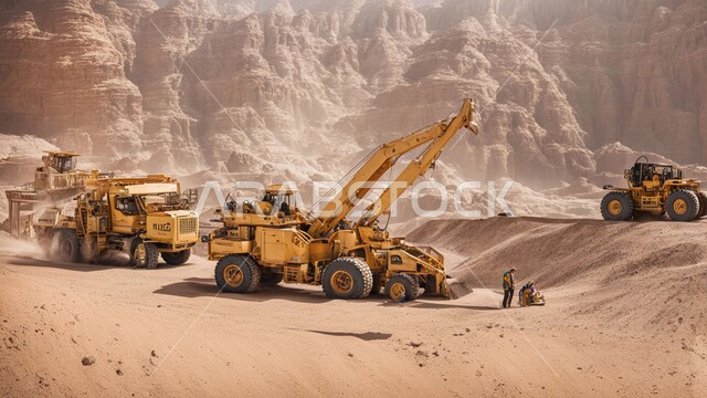 التشكيلات والتكوينات الصخرية، عدد من السيارات والآليات الثقيلة تقوم بالحفر والعمل في موقع التعدين، نقل الأتربة بواسطة الشاحنات، مناطق التنقيب عن الثروات الباطنية الخام، أماكن مناجم الفحم الطبيعي، المرتفعات والسلاسل الجبلية في المملكة العربية السعودية 