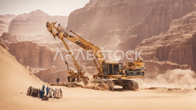التشكيلات والتكوينات الصخرية، عدد من السيارات والآليات الثقيلة تقوم بالحفر والعمل في موقع التعدين، نقل الأتربة بواسطة الشاحنات، مناطق التنقيب عن الثروات الباطنية الخام، أماكن مناجم الفحم الطبيعي، المرتفعات والسلاسل الجبلية في المملكة العربية السعودية 
