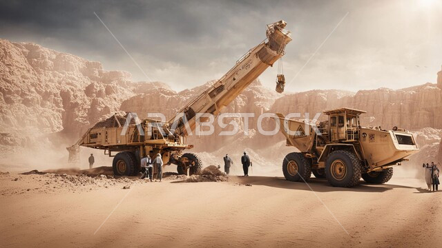 Rock formations and structures, a number of cars and heavy machinery digging and working at the mining site, transporting soil by trucks, areas for prospecting for raw underground resources, locations of natural coal mines, highlands and mountain ranges in the Kingdom of Saudi Arabia