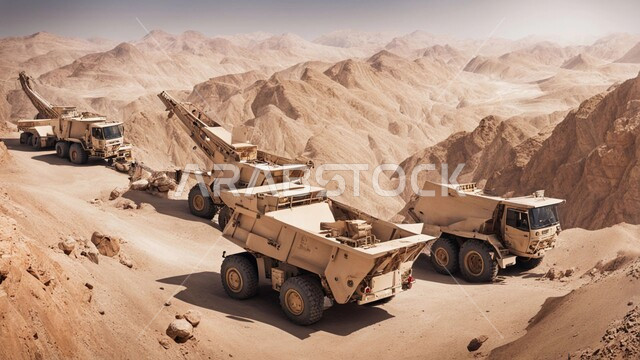 التكوينات والتشكيلات الصخرية والتضاريس، سيارات شحن كبيرة تقوم بالعمل في موقع التعدين، مناطق التنقيب عن الثروات الباطنية، أماكن المناجم في المملكة العربية السعودية، التخلص من الأتربة والصخور ونقلها بعيدا