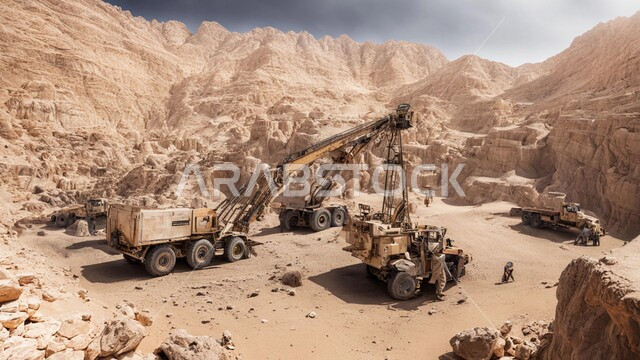 التكوينات والتشكيلات الصخرية والتضاريس، سيارات شحن كبيرة تقوم بالعمل في موقع التعدين، مناطق التنقيب عن الثروات الباطنية، أماكن المناجم في المملكة العربية السعودية، التخلص من الأتربة والصخور ونقلها بعيدا