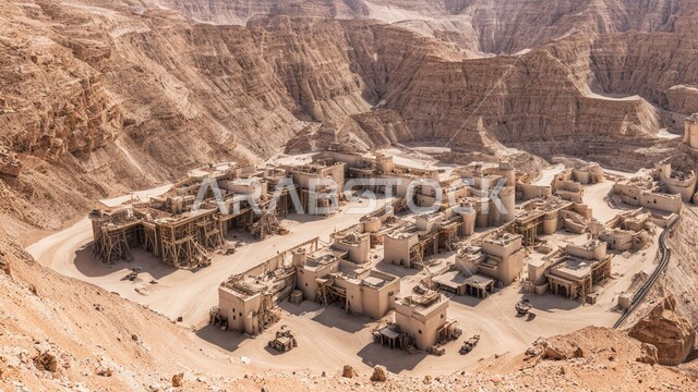 الالات والمعدات الضخمة والجرافات الكبيرة تقوم بالعمل في موقع التعدين، التخلص من الأتربة والصخور ونقلها بعيدا, مناطق التنقيب عن الثروات الباطنية، الطبيعة الصخرية وتضاريس السلاسل الجبلية، المرتفعات وقمم الجبال في المملكة العربية السعودية