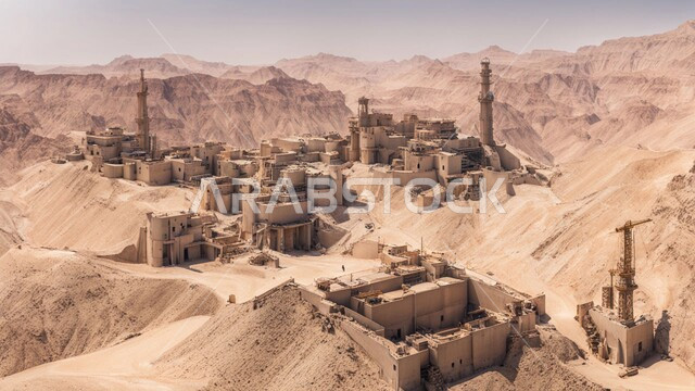 الالات والمعدات الضخمة والجرافات الكبيرة تقوم بالعمل في موقع التعدين، التخلص من الأتربة والصخور ونقلها بعيدا, مناطق التنقيب عن الثروات الباطنية، الطبيعة الصخرية وتضاريس السلاسل الجبلية، المرتفعات وقمم الجبال في المملكة العربية السعودية
