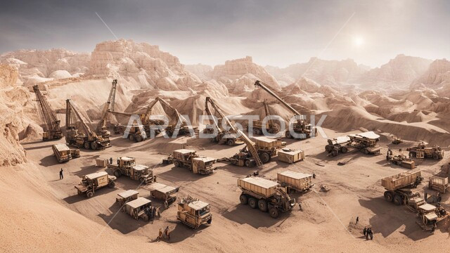 الالات والمعدات الضخمة والجرافات الكبيرة تقوم بالعمل في موقع التعدين، التخلص من الأتربة والصخور ونقلها بعيدا, مناطق التنقيب عن الثروات الباطنية، الطبيعة الصخرية وتضاريس السلاسل الجبلية، المرتفعات وقمم الجبال في المملكة العربية السعودية