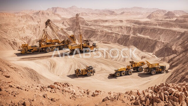 الالات والمعدات الضخمة والجرافات الكبيرة تقوم بالعمل في موقع التعدين، التخلص من الأتربة والصخور ونقلها بعيدا, مناطق التنقيب عن الثروات الباطنية، الطبيعة الصخرية وتضاريس السلاسل الجبلية، المرتفعات وقمم الجبال في المملكة العربية السعودية