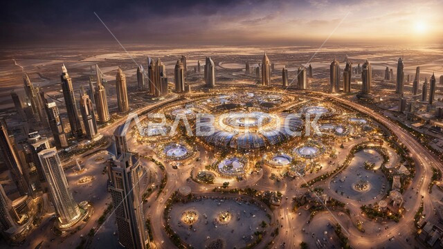 منظر تخيلي مستقبلي للتقدم والنمو العمراني، تحسين وتطوير البنية التحتية، المباني والمنشآت التجارية الشاهقة، بناء مستقبل حضاري متطور في دبي، التصاميم والفنون المعمارية الحديثة، ناطحات السحاب والأبراج في الامارات العربية المتحدة