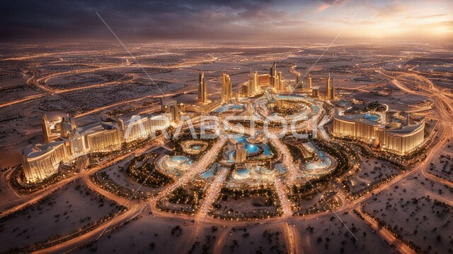 منظر تخيلي مستقبلي للتقدم والنمو العمراني، تحسين وتطوير البنية التحتية، المباني والمنشآت التجارية الشاهقة، بناء مستقبل حضاري متطور في دبي، التصاميم والفنون المعمارية الحديثة، ناطحات السحاب والأبراج في الامارات العربية المتحدة