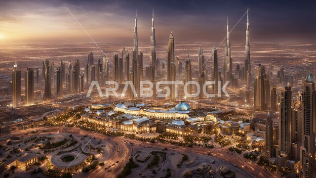 تحسين وتطوير البنية التحتية، المباني والمنشآت التجارية الشاهقة، بناء مستقبل حضاري متطور في دبي، منظر تخيلي مستقبلي للتقدم والنمو العمراني، التصاميم والفنون المعمارية الحديثة، ناطحات السحاب والأبراج في الامارات العربية المتحدة