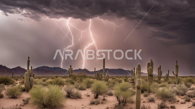 رياح ترابية في المناطق الصحراوية, منظر الإعصار الهوائي والرعد في الصحراء, عاصفة رعدية وزوابع غبارية قوية في الصحاري، الظواهر والكوارث الطبيعية