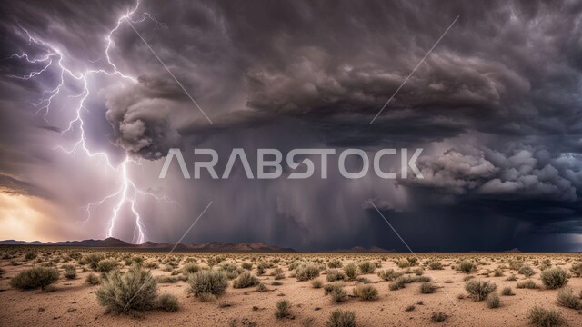 رياح ترابية في المناطق الصحراوية, منظر الإعصار الهوائي والرعد في الصحراء, عاصفة رعدية وزوابع غبارية قوية في الصحاري، الظواهر والكوارث الطبيعية