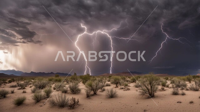 الظواهر والكوارث الطبيعية، رياح ترابية في المناطق الصحراوية, منظر الإعصار الهوائي والرعد في الصحراء، النباتات الشوكية الخضراء، عاصفة رعدية وزوابع غبارية قوية في الصحاري