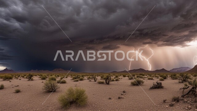 الظواهر والكوارث الطبيعية، رياح ترابية في المناطق الصحراوية, منظر الإعصار الهوائي والرعد في الصحراء، النباتات الشوكية الخضراء، عاصفة رعدية وزوابع غبارية قوية في الصحاري