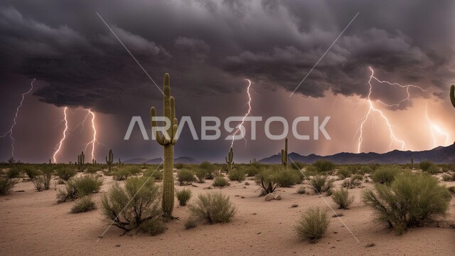 عاصفة رعدية وزوابع غبارية قوية في الصحاري، الظواهر والكوارث الطبيعية، رياح ترابية في المناطق الصحراوية, منظر الإعصار الهوائي والرعد في الصحراء، النباتات الشوكية الخضراء