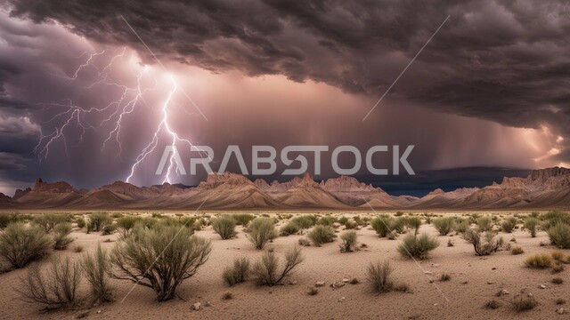 عاصفة رعدية وزوابع غبارية قوية في الصحاري، الظواهر والكوارث الطبيعية، رياح ترابية في المناطق الصحراوية, منظر الإعصار الهوائي والرعد في الصحراء، النباتات الشوكية الخضراء