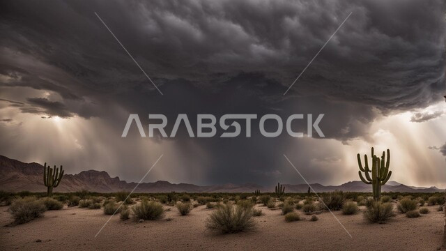 عاصفة رعدية وزوابع غبارية قوية في الصحاري، الظواهر والكوارث الطبيعية، رياح ترابية في المناطق الصحراوية, منظر الإعصار الهوائي والرعد في الصحراء، النباتات الشوكية الخضراء