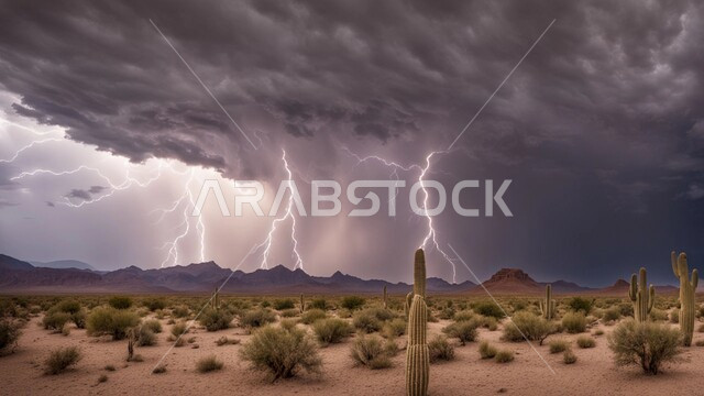 الظواهر والكوارث الطبيعية، رياح ترابية في المناطق الصحراوية, منظر الإعصار الهوائي والرعد في الصحراء، النباتات الشوكية الخضراء، عاصفة رعدية وزوابع غبارية قوية في الصحاري