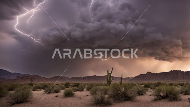 الظواهر والكوارث الطبيعية، رياح ترابية في المناطق الصحراوية, منظر الإعصار الهوائي والرعد في الصحراء، النباتات الشوكية الخضراء، عاصفة رعدية وزوابع غبارية قوية في الصحاري