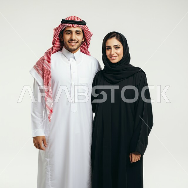 النظر إلى الكاميرا بإيماءات السعادة والسرور، بورتريه لرجل عربي سعودي خليجي يرتدي الثوب التقليدي والشماغ يقف باستقامة برفقة زوجته، أجواء عائلية مليئة بالحب، الحياة لزوجية الناجحة، مفهوم الترابط الأسري، خلفية بيضاء