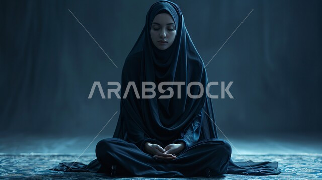 الدخول بحالة إكتئاب بسبب شيء ما، تعابير الحزن والشعور بالوحدة والقلق، بورتريه مقرب لإمرأة عربية خليجية سعودية ترتدي الحجاب والعباءة السواء تجلس على كرسي منطوية على نفسها بإيماءات الإحباط، خلفية رمادية