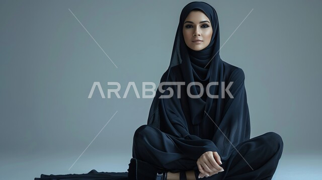 الدخول بحالة إكتئاب بسبب شيء ما، تعابير الحزن والشعور بالوحدة والقلق، بورتريه مقرب لإمرأة عربية خليجية سعودية ترتدي الحجاب والعباءة السواء تجلس على الأرض منطوية على نفسها بإيماءات الإحباط، خلفية رمادية