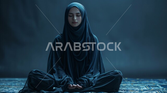 الدخول بحالة إكتئاب بسبب شيء ما، تعابير الحزن والشعور بالوحدة والقلق، بورتريه مقرب لإمرأة عربية خليجية سعودية ترتدي الحجاب والعباءة السواء تجلس على الأرض منطوية على نفسها بإيماءات الإحباط، خلفية رمادية