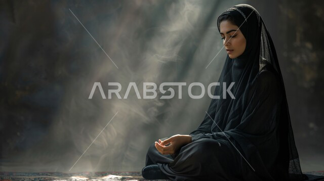 الدخول بحالة إكتئاب بسبب شيء ما، تعابير الحزن والشعور بالوحدة والقلق، بورتريه مقرب لإمرأة عربية خليجية سعودية ترتدي الحجاب والعباءة السواء تجلس على الأرض منطوية على نفسها بإيماءات الإحباط، خلفية رمادية