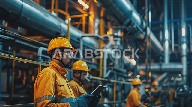 الايدي السعوديه العامله المنتجه، الاداره والاشراف على آلية التصنيع، جودة الصناعه والانتاج في المعامل، مهن ووظائف هندسية سعودية، صورة مقربة لمهندسون عرب خليجيون سعوديون يرتديون سترة وقبعة الحماية يقومون بالعمل والإشراف في المصانع الحديثه