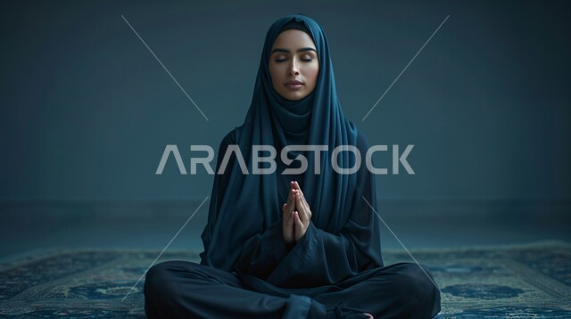 التضرع و طلب العون والحمد والشكر، العباده والتقرب الى الله، بورتريه مقرب لإمرأة مسلمة عربية خليجية سعودية ترتدي العباءة السوداء والحجاب تجلس على الأرض ترفع يديها للدعاء، خلفية رمادية