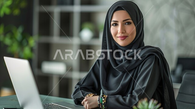 مهن ووظائف نسائية ادارية مكتبية, استخدام الأجهزة التكنولوجية الحديثة والمتطورة، إدارة شؤون الأعمال وتنظيمها، صورة مقربة لسيدة عربية خليجية سعودية مبتسمة ترتدي الحجاب تقوم بالعمل على الحاسوب داخل المكتب، العمل لتحقيق الاهداف والاستراتيجيات