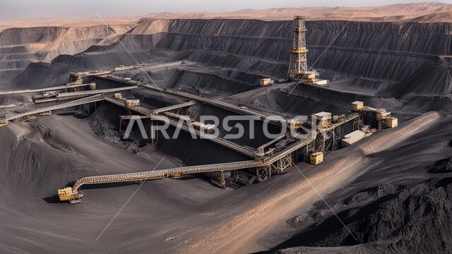 أماكن مناجم الفحم الطبيعي، مناطق التنقيب عن الثروات الباطنية، الطبيعة الصخرية وتضاريس السلاسل الجبلية، المرتفعات وقمم الجبال في المملكة العربية السعودية، مجموعة من سيارات الشحن الكبيرة تقوم بالعمل في موقع التعدين، التخلص من الأتربة والصخور ونقلها بعيدا