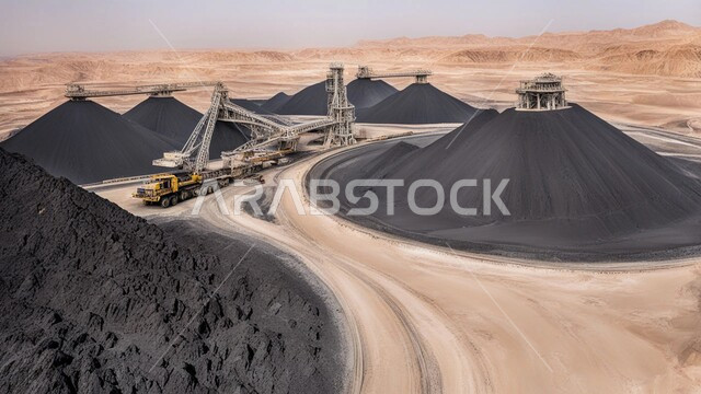 أماكن مناجم الفحم الطبيعي، مناطق التنقيب عن الثروات الباطنية، الطبيعة الصخرية وتضاريس السلاسل الجبلية، المرتفعات وقمم الجبال في المملكة العربية السعودية، مجموعة من سيارات الشحن الكبيرة تقوم بالعمل في موقع التعدين، التخلص من الأتربة والصخور ونقلها بعيدا