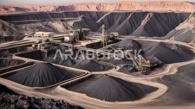 أماكن مناجم الفحم الطبيعي، مناطق التنقيب عن الثروات الباطنية، الطبيعة الصخرية وتضاريس السلاسل الجبلية، المرتفعات وقمم الجبال في المملكة العربية السعودية، مجموعة من سيارات الشحن الكبيرة تقوم بالعمل في موقع التعدين، التخلص من الأتربة والصخور ونقلها بعيدا