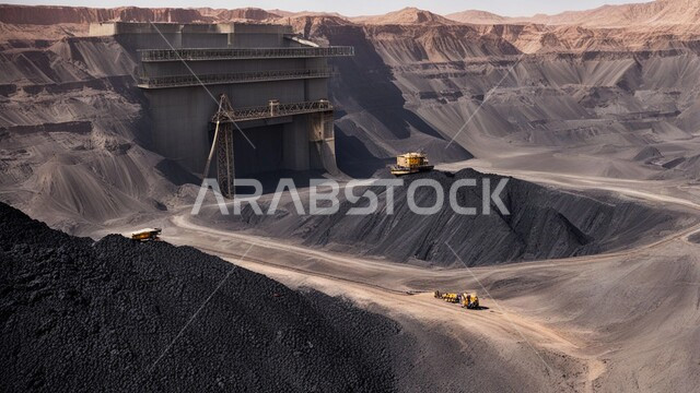 أماكن مناجم الفحم الطبيعي، مناطق التنقيب عن الثروات الباطنية، الطبيعة الصخرية وتضاريس السلاسل الجبلية، المرتفعات وقمم الجبال في المملكة العربية السعودية، مجموعة من سيارات الشحن الكبيرة تقوم بالعمل في موقع التعدين، التخلص من الأتربة والصخور ونقلها بعيدا
