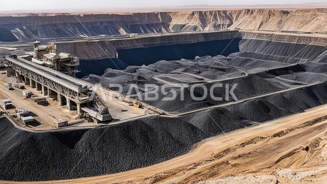 مجموعة من سيارات الشحن الكبيرة تقوم بالعمل في موقع التعدين، أماكن مناجم الفحم الطبيعي، مناطق التنقيب عن الثروات الباطنية، الطبيعة الصخرية وتضاريس السلاسل الجبلية، المرتفعات وقمم الجبال في المملكة العربية السعودية، التخلص من الأتربة والصخور ونقلها بعيدا