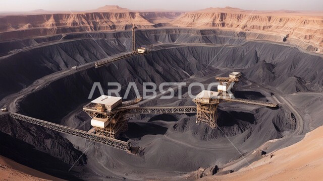 مجموعة من سيارات الشحن الكبيرة تقوم بالعمل في موقع التعدين، أماكن مناجم الفحم الطبيعي، مناطق التنقيب عن الثروات الباطنية، الطبيعة الصخرية وتضاريس السلاسل الجبلية، المرتفعات وقمم الجبال في المملكة العربية السعودية، التخلص من الأتربة والصخور ونقلها بعيدا