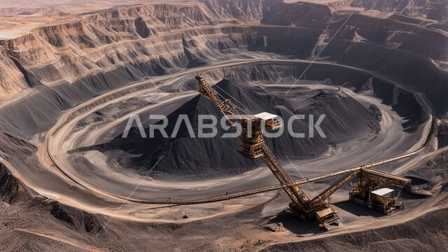 مجموعة من سيارات الشحن الكبيرة تقوم بالعمل في موقع التعدين، أماكن مناجم الفحم الطبيعي، مناطق التنقيب عن الثروات الباطنية، الطبيعة الصخرية وتضاريس السلاسل الجبلية، المرتفعات وقمم الجبال في المملكة العربية السعودية، التخلص من الأتربة والصخور ونقلها بعيدا