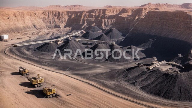 مجموعة من سيارات الشحن الكبيرة تقوم بالعمل في موقع التعدين، أماكن مناجم الفحم الطبيعي، مناطق التنقيب عن الثروات الباطنية، الطبيعة الصخرية وتضاريس السلاسل الجبلية، المرتفعات وقمم الجبال في المملكة العربية السعودية، التخلص من الأتربة والصخور ونقلها بعيدا